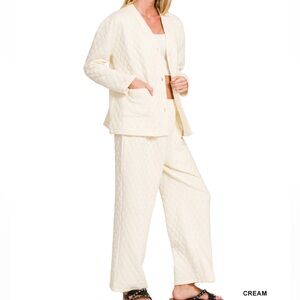 Zenana Outfitters Cream Quilted Pants & Jacket Set